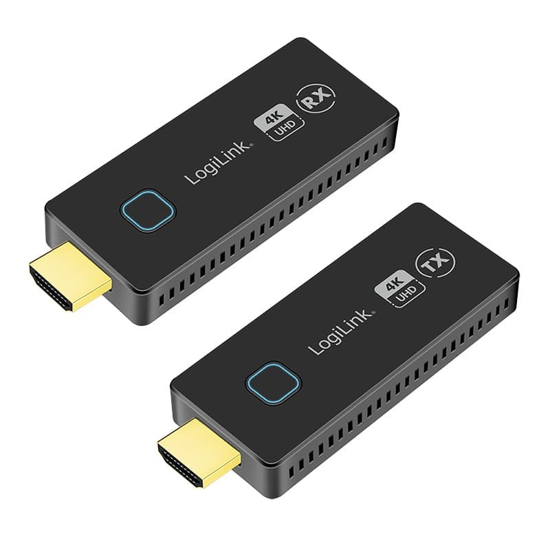 Black LogiLink HDW0102 AV Extender set includes a transmitter and receiver, featuring HDMI ports, ventilation slots, and labeled 4K UHD for high-definition video transmission.