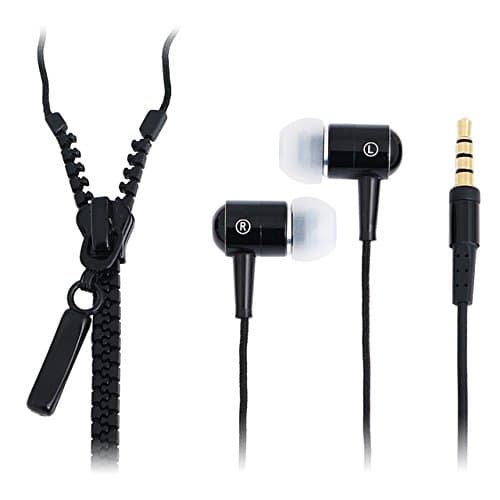 Wired in-ear headphones in black with a zipper-style cable, featuring soft ear tips and a 3.5mm audio jack for calls and music.