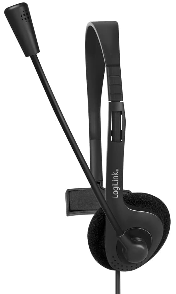 Black wired headset with a sleek design, featuring a flexible microphone and cushioned ear pad, ideal for office or call center use.