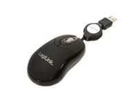 Black LogiLink® ID0016 optical USB mini mouse with a retractable cable, featuring a smooth surface and a single scroll wheel.