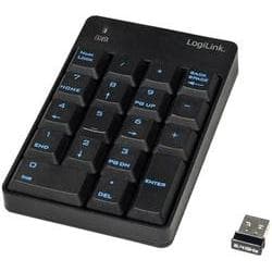Black USB numeric keypad with 18 keys, featuring a sleek design, blue backlit numbers, and a small USB receiver for wireless connectivity.