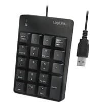 Black LogiLink numeric keypad with USB cable, 18 keys including Num Lock, Backspace, and Enter.