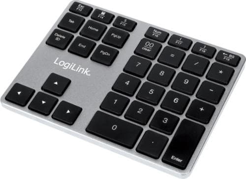 Black numeric keypad with aluminum finish, featuring a layout of 18 keys including numbers, function keys, and an enter key, designed for universal Bluetooth connectivity.