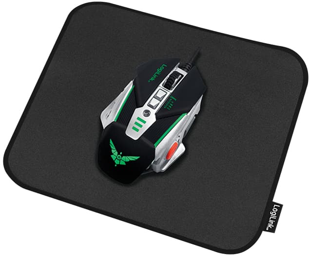 Black LogiLink gaming mouse pad featuring a smooth surface and stitched edges, with a sleek gaming mouse positioned on top, showcasing a metallic design and green accents.