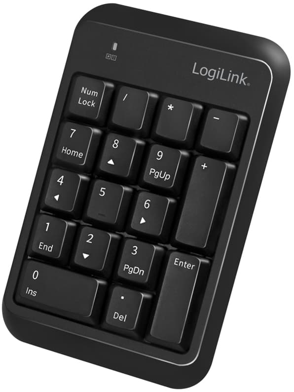 Black LogiLink ID0201 Bluetooth numeric keypad featuring 18 keys, including Num Lock, Home, and Enter, with a sleek plastic design and compact layout.