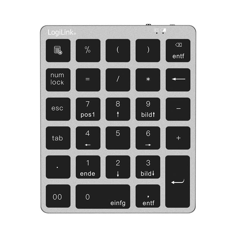 Grey Bluetooth numeric keypad with black keys, featuring symbols for functions like num lock, escape, and navigation, designed for laptops and PCs.