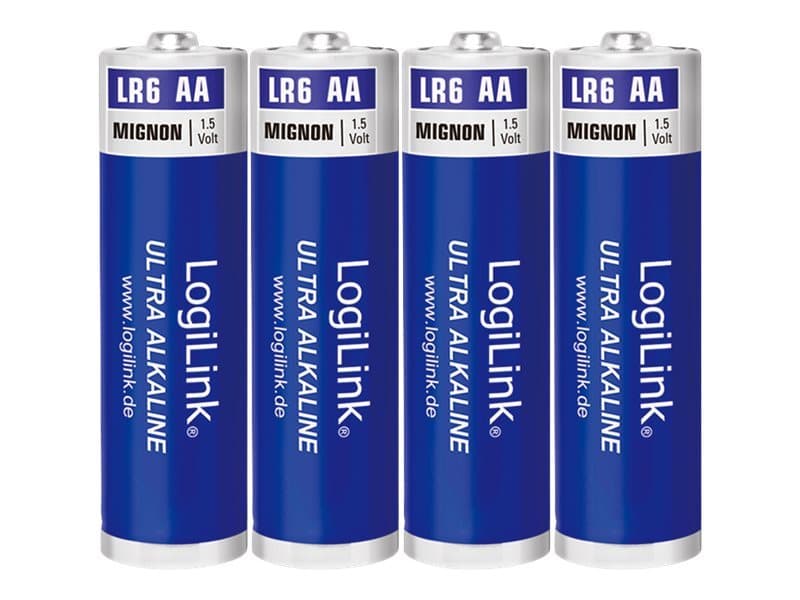 Four LogiLink LR6B4 AA alkaline batteries, featuring a blue and silver design with "LogiLink" branding, labeled as "1.5 Volt" and "MIGNON."