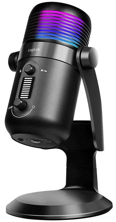 Black LogiLink USB condenser microphone with RGB light, featuring a volume control dial and a sturdy base, designed for high-quality audio at 192kHz.