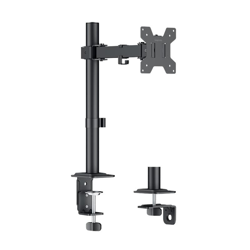 LogiLink monitor mount in black steel, adjustable for 17"-32" screens, features a 202mm arm length and includes clamp and grommet mounting options.