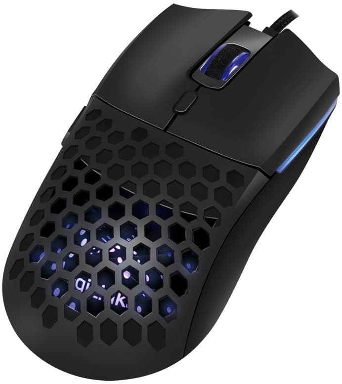 Black LogiLink gaming mouse with a honeycomb design, featuring six buttons, a USB connection, and adjustable DPI up to 6400, illuminated with blue LED accents.