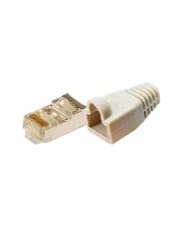 Grey LogiLink MP0011 CAT5e wire connector featuring a transparent plastic plug with gold contacts and a grey protective casing.
