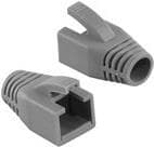 Gray plastic cable boot designed for protection and strain relief, featuring ribbed grips and a tapered end for easy installation on cables.