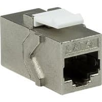 LogiLink NK4017 keystone module, metallic finish, RJ45 port, white latch on top, compact rectangular design.