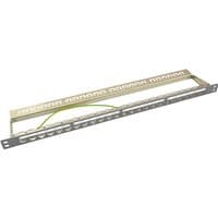 LogiLink NK4039 patch panel 0.5U, metallic frame, 24 ports, cable management bar, and labeled slots.