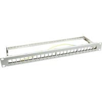 LogiLink NK4041 patch panel 1U, silver frame with 24 ports, labeled slots, and mounting brackets.