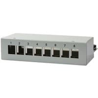 Gray LogiLink NK4051 patch panel with eight numbered Ethernet ports in a rectangular metal casing.