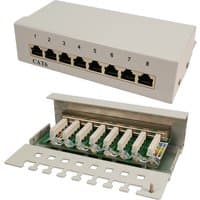 White LogiLink NP0016A patch panel with eight numbered RJ45 ports and open back showing internal wiring connections.