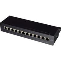 Black LogiLink NP0019B patch panel with 12 numbered Ethernet ports and metal casing.