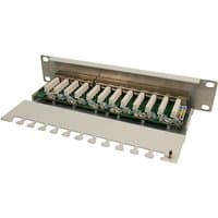 LogiLink NP0041 patch panel, metal frame, 12 ports, hinged cover, exposed circuit board, and mounting brackets.