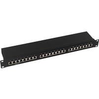 Black LogiLink NP0055 patch panel with 24 Ethernet ports and rack-mountable design.