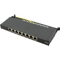 Black LogiLink NP0064B patch panel 0.5U with eight Ethernet ports and cable management features.