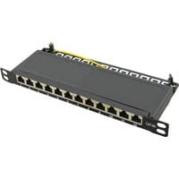 Black LogiLink NP0066 patch panel 0.5U with 12 Ethernet ports and labeled slots, compact and rack-mountable design.