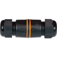 Black LogiLink Outdoor Cat.6 inline coupler, IP67 rated, short type, with orange ring and threaded ends for 3-8 mm cables.