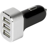 Black and silver LogiLink PA0082 car power adapter with three USB ports.