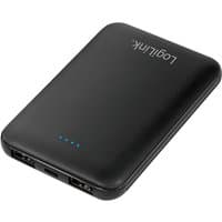 Black LogiLink power bank, 5000 mAh, compact design, with LED indicators and dual USB ports.