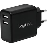 Black LogiLink PA0210 charger with dual USB ports and European plug adapter.