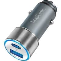 Grey LogiLink car charger with USB-C and USB-A ports, metallic finish, and blue LED ring.