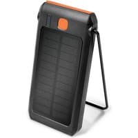 Black LogiLink PA0273 power bank, 10000 mAh, with solar panel, orange button, and foldable stand.
