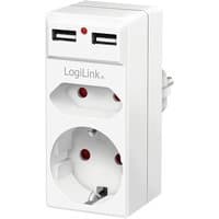 White LogiLink surge protector with one AC outlet, two USB ports, and red indicator light.