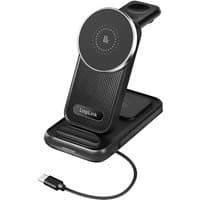 Black LogiLink PA0292 charger with circular phone pad, smartwatch dock, and USB-C cable.