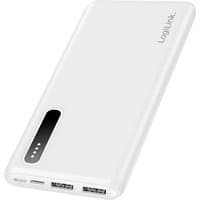 White LogiLink PA0311W power bank, 8000 mAh, with two USB ports, LED indicator, and sleek rectangular design.