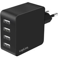 Black LogiLink PA0336 charger with four USB ports and European plug adapter.