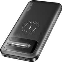 Black LogiLink power bank with 10000 mAh capacity, wireless charging pad, textured surface, and dual USB ports.