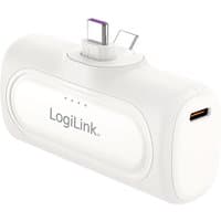 White LogiLink PA0349W power bank, 5000 mAh, with USB-C and Lightning connectors, compact design.