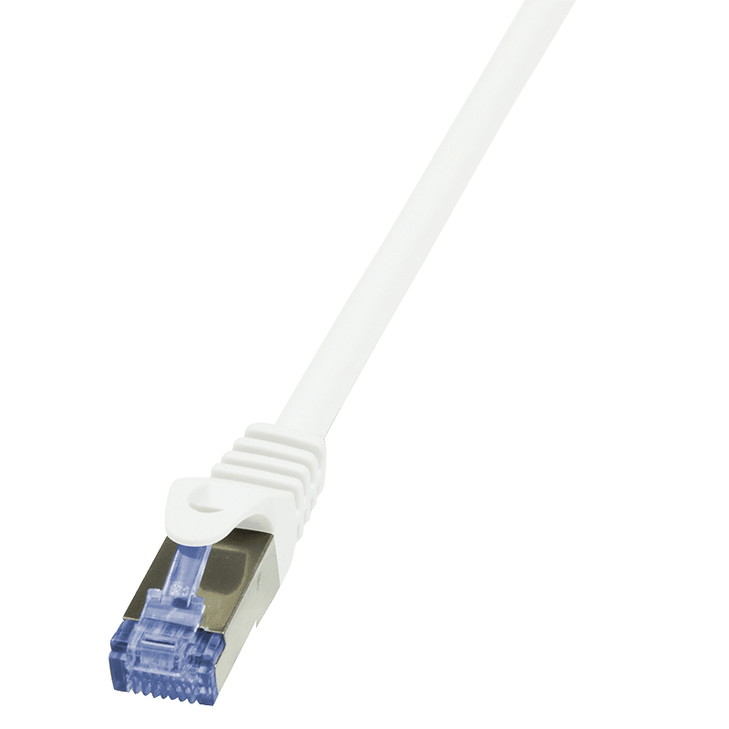 White LogiLink Cat.6A S/FTP patch cable, 40m long, featuring a clear plastic connector with a blue clip, designed for high-speed networking.