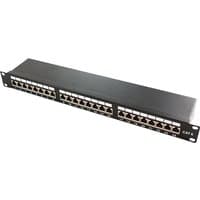 Black LogiLink 19" patch panel with 24 Ethernet ports and labeled connections.
