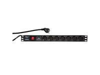 Black LogiLink PDU7C01 surge protector with 7 AC outlets, 230 V, featuring a power switch, USB ports, and a 2-meter power cord, designed for rack mounting.