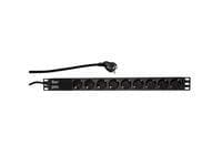 Black LogiLink PDU9C03 surge protector with 9 AC outlets, designed for 230 V, featuring a 2-meter power cord and a sleek, metal housing suitable for rack mounting.