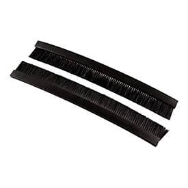 Black plastic brush panel set designed for rack mounting, featuring two long strips with bristles for cable management and dust protection.