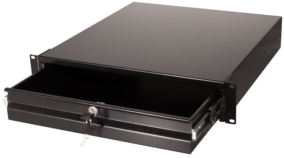 Black metal rack accessory drawer unit with a single pull-out drawer and a key lock, designed for secure storage in a server or equipment rack.