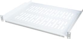 White metal rack shelf with ventilation slots, designed for mounting in a server rack, featuring sturdy brackets on both sides for secure installation.