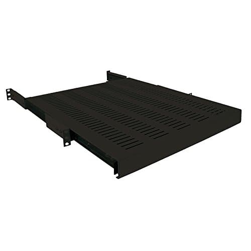 Black metal rack accessory with perforated surface for ventilation, designed for mounting in server racks, featuring sturdy support brackets on each side.
