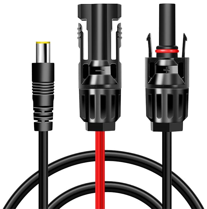LogiLink PHC0400 solar connector features a 0.3m black cable with UV/weather-resistant connectors, including a DC790 male and female connector, highlighted by red and yellow accents.