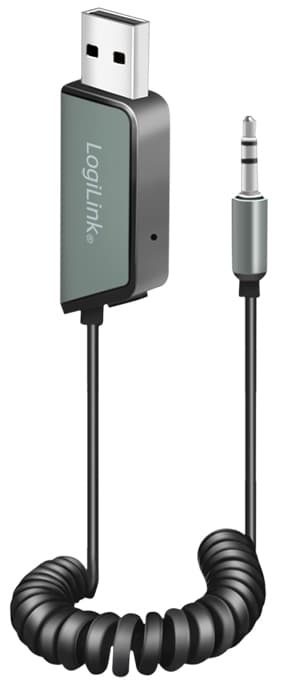 Bluetooth audio receiver in black and grey, featuring a USB connector and a coiled 3.5mm audio jack cable, designed for wireless audio streaming up to 8m range.