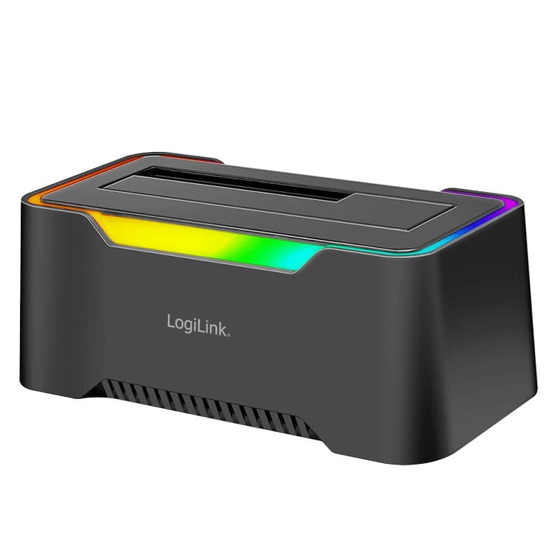LogiLink USB 3.2 Gen1 Docking Station in black with a sleek design, featuring a colorful LED strip on top, designed for 2.5/3.5" SATA hard drives.