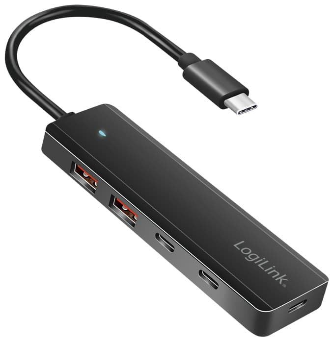 Black LogiLink USB 3.2 Gen2 hub with four ports: two USB-A and two USB-C, featuring a sleek design and a short cable ending in a USB-C connector.